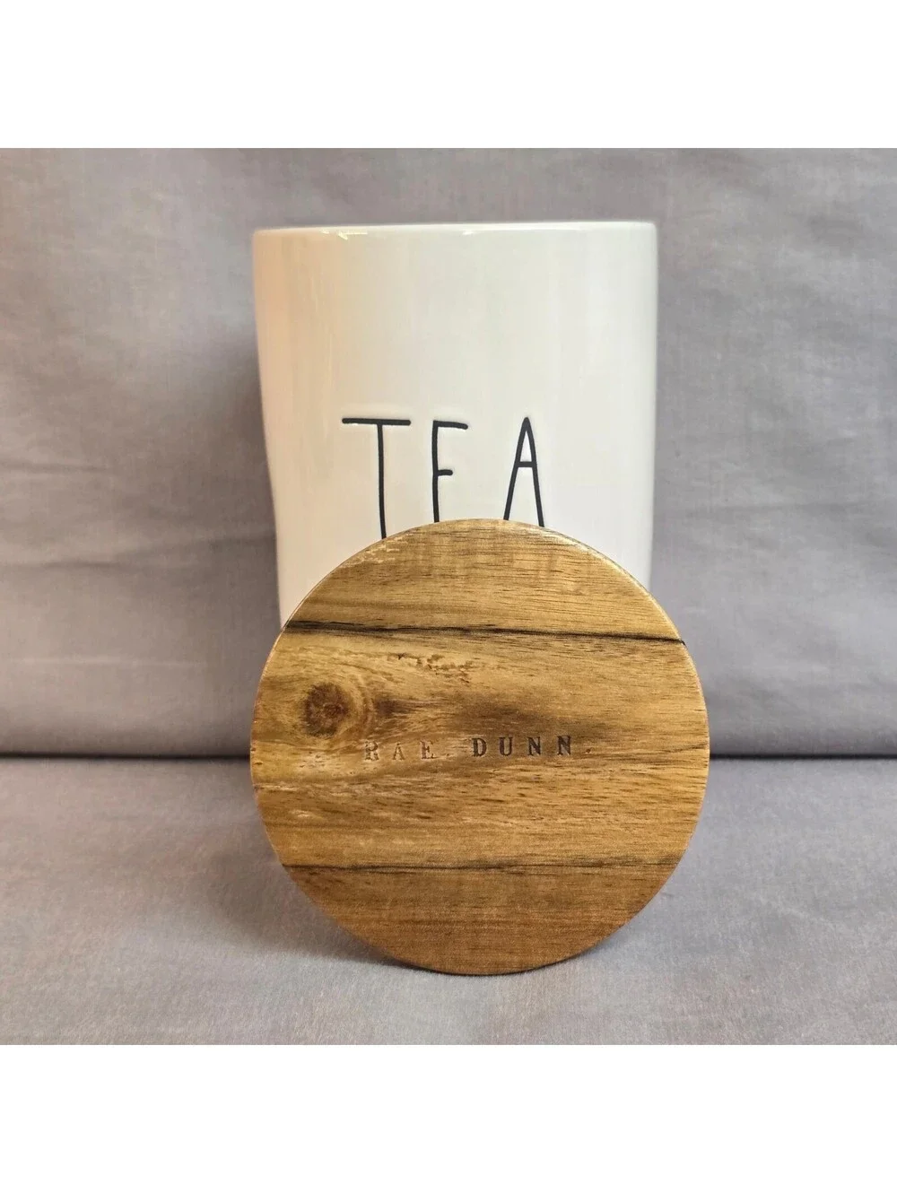 Rae Dunn TEA Ceramic Canister Artisan Collection Magenta Wooden Lid White Jar 80